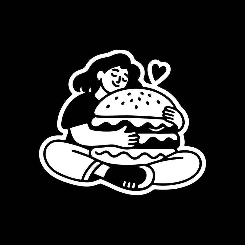 Animated Chik sticker: a girl hugging a giant burger