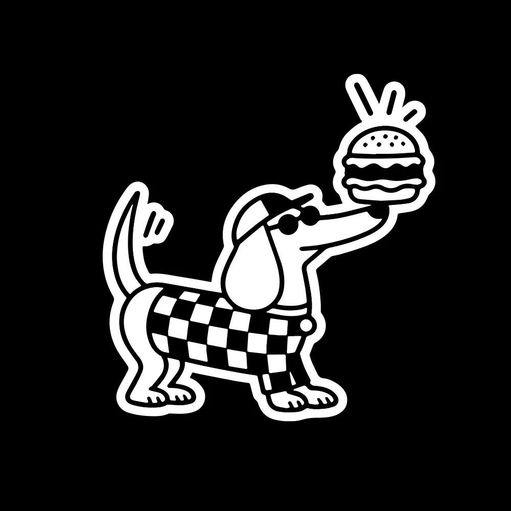 Chik sticker: dachshund in sunglasses carrying a burger