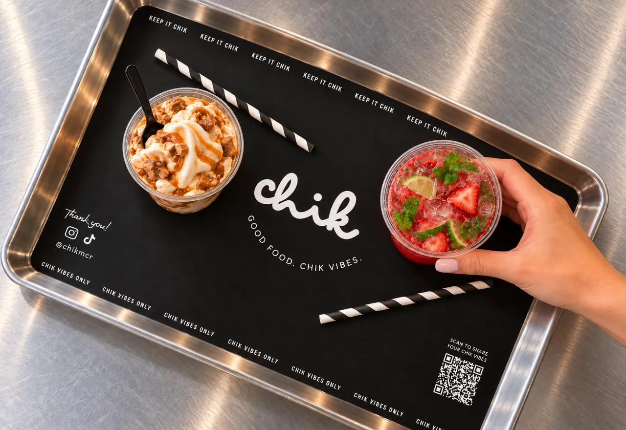 Chik branded tray with dessert and drink