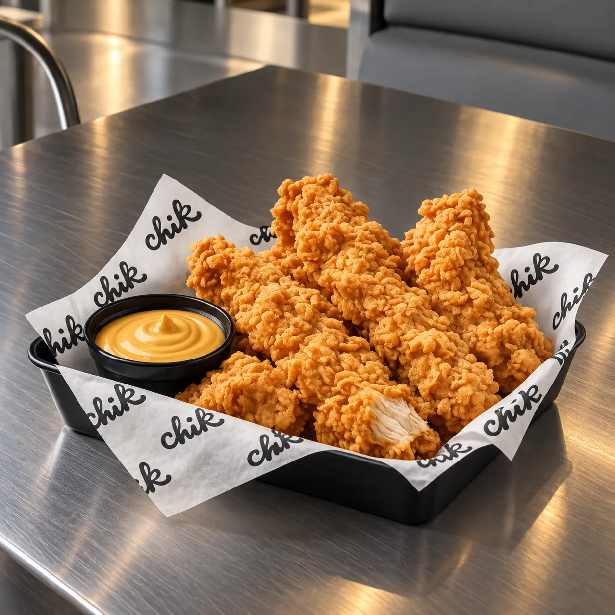 Chicken tenders in a Chik paper-lined basket